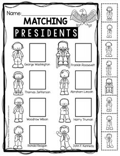 the matching presidents worksheet for kids to practice their name recognition and identification skills