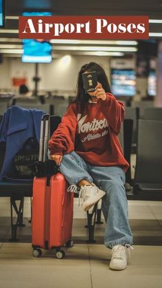 a person sitting on a bench with luggage in front of them and the words airport poses over their face