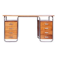 a wooden desk with two drawers on each side