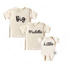 "Restock date for Gerber brand 0-3M brand bodysuits is unknown. Size 6M is a great sub, since both are close in size. SIBLING SHIRT/BODYSUIT: Great for sibling and baby announcements, makes a sweet gift, and perfect for wearing anytime! Each sold separately. Please follow order instructions. Natural color shirt/bodysuit with black vinyl font. HOW TO ORDER: * Select A Finish * Select A Size * Select Your Quantity * Add to Cart (\"buy now\" will take you directly to checkout | \"add to cart\" will Big Middle Little Shirts, Sibling Announcement, Big Brother Little Brother, Big Sister Little Sister, Sibling Shirts, Shirt Bodysuit, Sister Outfits, Baby Announcements, Cotton Bodysuit