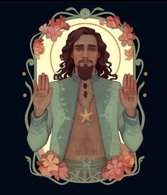 the jesus is holding his hands up in front of an ornate frame with flowers around him