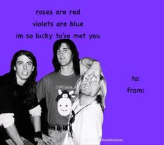 three people standing next to each other in front of a purple background with the words roses are red violets are blue i'm so lucky to love met you