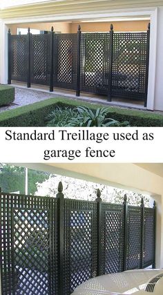 an image of a fence that looks like it is made out of wood and has the words standard trellis used as garage fence