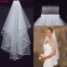 the bridal veil and combs are shown in three different pictures, one is white