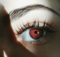 a woman's eye with long lashes and red eyeshade, close up