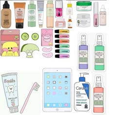 an assortment of beauty products are shown in this graphic style, including toothbrushes, face creams, and other items