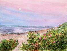 a painting of a beach with pink flowers and green bushes in the foreground, on a sunny day