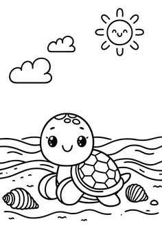 Happy Turtle - Free Coloring Page Cute Turtle Coloring Pages, Preschool Coloring Sheets Free Printable, Toddler Coloring Pages Free Printable, Beach Crafts For Toddlers, Summer Colouring Pages, Simple Colouring Pages, Coloring Sheets For Toddlers