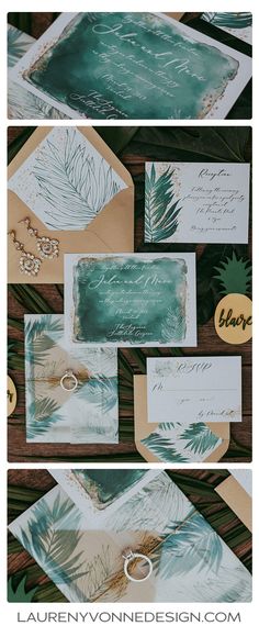 the wedding stationery is laid out on top of each other and ready to be put in