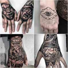 four different pictures of hands with tattoos on them and one has an eye, the other is