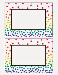 two colorful polka dot labels on white paper with black border, one is blank and the other has colored dots