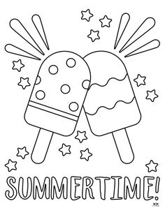 two ice creams with stars and the words summertime written in black on a white background