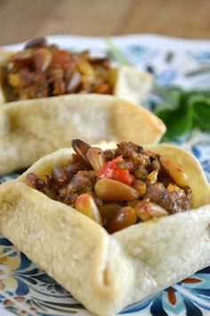 two pita breads filled with meat and vegetables on a blue floraled plate