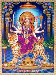 the goddess sitting on top of a tiger in front of a blue and white background