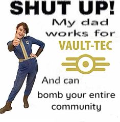 an advertisement for vault - tec shows a man in overalls giving the thumbs up