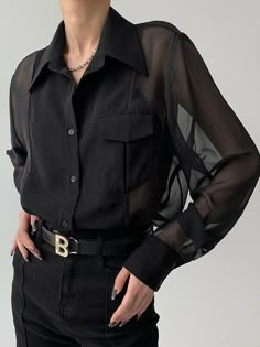 Sheer Shirt Work Outfits, Chic Black Outfits Summer, Korean Genderless Fashion, Unbuttoned Button Up Shirt Outfit, Edgy Graduation Outfit, Black Outfits Kpop, Sheer Button Up Outfit, Mesh Button Up Outfit, Cool Black Outfits