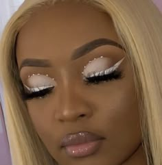 White Eyeliner And Rhinestones, Brown White Makeup, White Makeup Looks Halloween, Birthday Glam Makeup Black Women Pink, White Prom Makeup Looks, White Eyeshadow Black Women, Brown And White Makeup Looks, Brown And White Eyeshadow, White Makeup Black Women