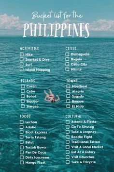 a list with the words bucket list for the philippines on it in front of an ocean background