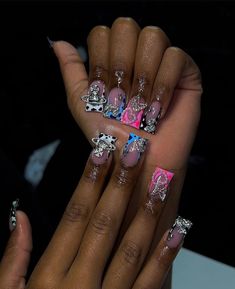 Junkyard Nails, Junk Yard Nails, Exotic Summer Nails, Medium Junk Nails, Black People Nails, Charm Nails, Bad Nails, 2023 Nail, Junk Nails