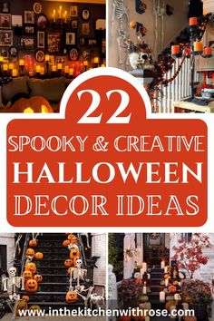 halloween decorations with candles and pumpkins on the stairs are featured in this collage