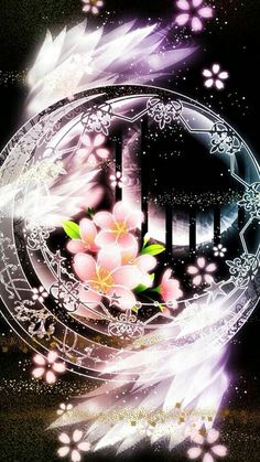 an artistic photo with flowers and feathers in the center on a black background that appears to be digital art