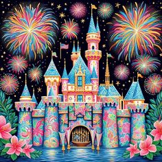 a painting of a castle with fireworks in the sky