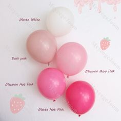 three pink and one white balloons on top of a sheet of paper with information about them