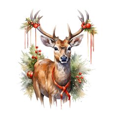 a watercolor painting of a deer with antlers and berries