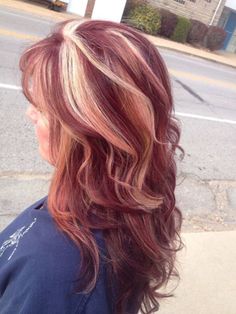 Red Blonde Brown Highlights, Ginger Hair With Blue Highlights, Spring Summer Hair Color 2024, Red Calico Hair, Pink Calico Hair, Blonde And Maroon Hair, Fun Hair Color Ideas For Summer, Colored Tips Hair, Cherry Red Hair With Blonde Highlights