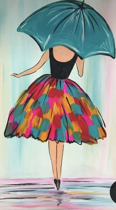 a painting of a woman in a colorful dress holding an open umbrella over her head