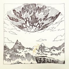 an ink drawing of a man sitting on top of a mountain looking at the sky