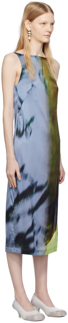 Silk satin dress. Graphic pattern printed throughout. · Boat neck · Darts at front · Vented side seam · Open back Supplier color: Blue/Lime Dress Shop Online, Open Back Midi Dress, Silk Satin Dress, Blue Khakis, Blue Midi Dress, Satin Dress, Satin Dresses, Luxury Streetwear, Boat Neck