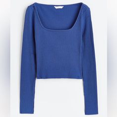 Nwt H&M Long Sleeved Scoop Neck Top In A Ribbed Fabric And Blue Color, Size Medium. Top And Sleeves Are Both Full Length. The Low Cut Scooped Neckline Is Very Flattering, And The Ribbed Fabric Is Thick And Well Made. All Items Come From A Pet Free, Smoke Free Home. Please Message Me With Any Offers, Bundles, Or Questions! Blue Ribbed Scoop Neck Top, H&m Blue Long Sleeve Tops, Trendy Blue H&m Tops, Blue Scoop Neck Top For Fall, Cowl Neck Shirt, Lace Trim Top, White Long Sleeve Top, Winter Shirts, Ladies Tee Shirts