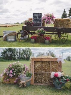 an old wagon with hay and flowers in it