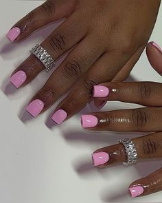 Pink Nail Designs On Black Women, Shorts Nails Black Women, Pink Short Set Nails, Pink Short Nails Black Women, Spring Overlay Nails, Short Square Overlay Nails, Shortie Nails Black Women, Square Overlay Nails, One Color Short Nails