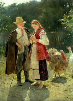 a painting of two people standing next to each other near turkeys in a yard