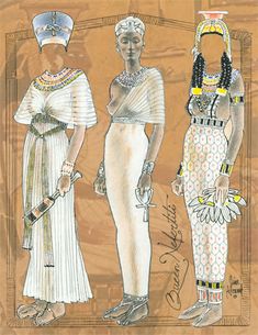 three women in egyptian dress and headdress