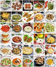 a collage of pictures with different foods and dishes on them, including meats