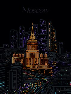 an abstract cityscape with the name moscon written in neon colors on it