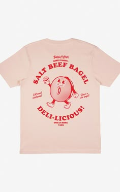 Deli-licious!    organic cotton pastel peach t-shirt with printed deli bagel slogan and vintage style bagel character. Small logo to front, large back print. Printed t-shirt by batch1    slogan: “salt beef bagel - deli-licious”    graphics: small logo to front, large back print. Batch1 deli bagel guy!    print: organic, water-based, eco-friendly ink    style: crew neck, short sleeves, soft jersey    material: 100% organic cotton    sustainability: ethically made to order in the uk  | global orga Butter T Shirt, Peach Shirt, Asos Tops, Plus And Minus, Retro Cartoons, Cartoon T Shirts, Unique Fashion, Print T Shirt, Organic Cotton