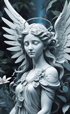 an angel statue with white wings and flowers