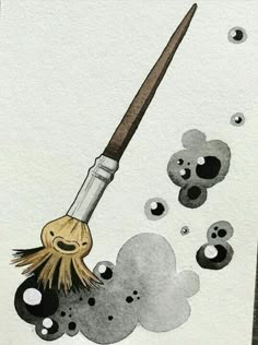 a drawing of a broom with skulls on the ground in front of it and water droplets around it