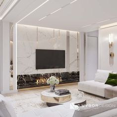 a living room with white furniture and a flat screen tv mounted on the wall above a fireplace