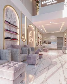 the interior of a nail salon with marble flooring and walls decorated in pink, grey and white colors