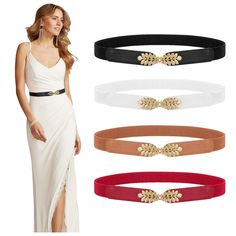 PRICES MAY VARY. [4 Stretch Belts]-You'll receive 4 different colored belts that are super cute and fit perfectly. Enough to go well with most outfits you need. You can wear it on a dress, blouse, jumpsuit, pants, sweater, cardigan or tunic. [Size Information]-These stretchy belts have good elasticity and comfort, and are suitable for most women or girls. There are 2 sizes for you to choose from: Size M(for 26"-31" waist), and Size L(for 32"-40" waist). The width of the belt is 0.98", which fits Belts For Dresses, White Dress With Gold, Belt For Dresses, Flowy Jumpsuit, Stretch Belt, Stretchy Dress, Black Shirt Dress, Dress Pant, Gold Fashion