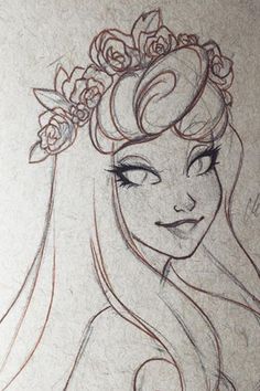 a drawing of a woman with flowers in her hair