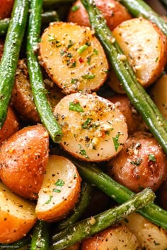 potatoes and green beans with seasoning on top