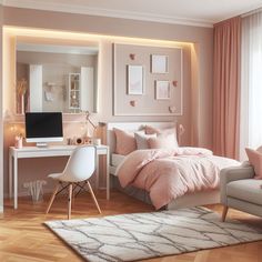 a bedroom decorated in pink and white with a bed, desk, chair, mirror and television