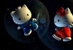 two hello kitty dolls are flying through the air in front of some stars and planets