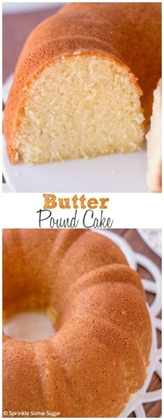 two pictures of a pound cake on a plate